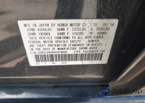 2006 Acura Tsx из США, поврежденный, VIN JH4CL96866C024685